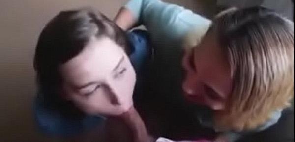  Two 18 year olds sucking cock, one in lipstick with cum on face